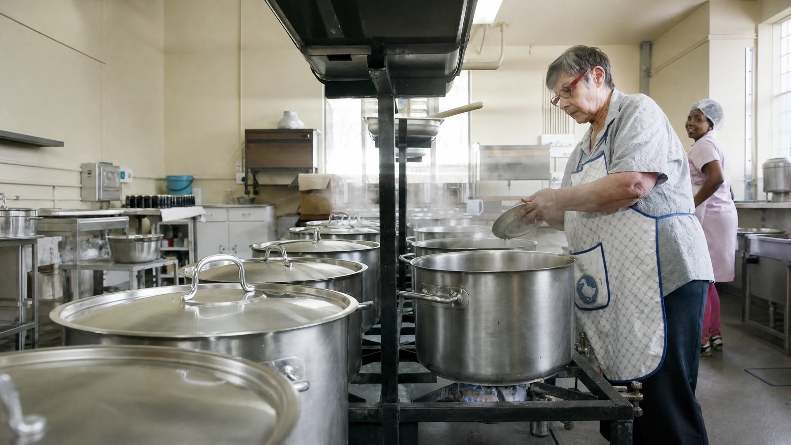 The farm kitchen at Bloukop — konfyt cooking in steel pots, with filled jars waiting on the shelf behind